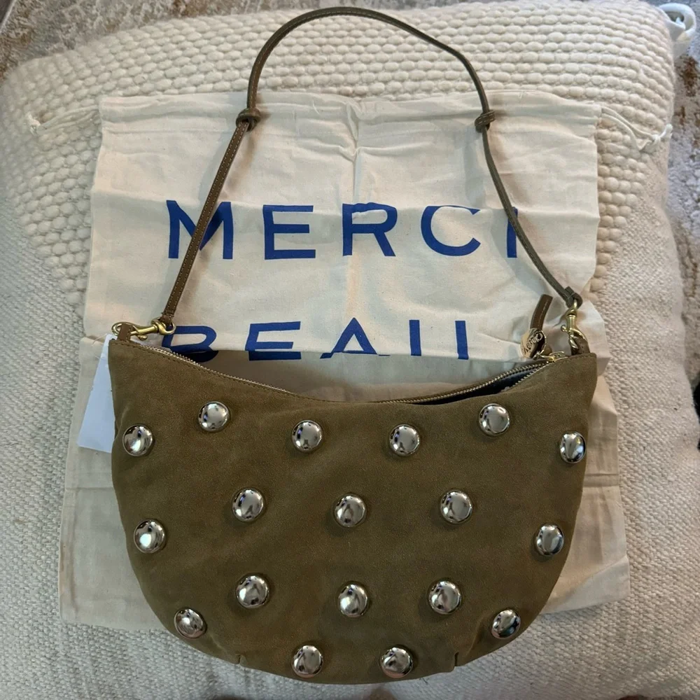 CLARE V Lune Shoulder Bag Oat Suede with Studs Studded Handbag NWT - Picture 5 of 5